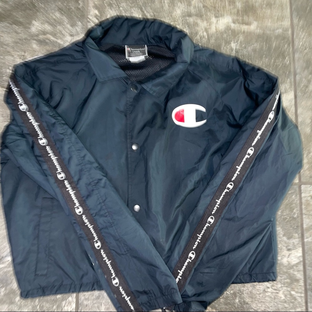 Champion Coaches Jacket Windbreaker Cropped Black Womens L